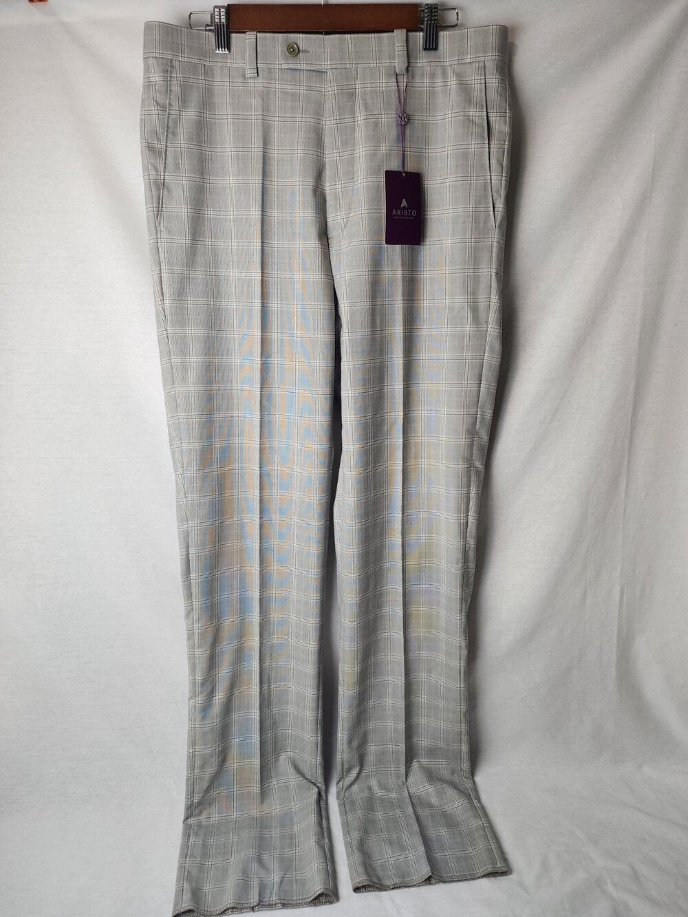 Mens Size 34 Aristo 18 Pants Light Gray Check Wool Dress Slacks NWT READ!